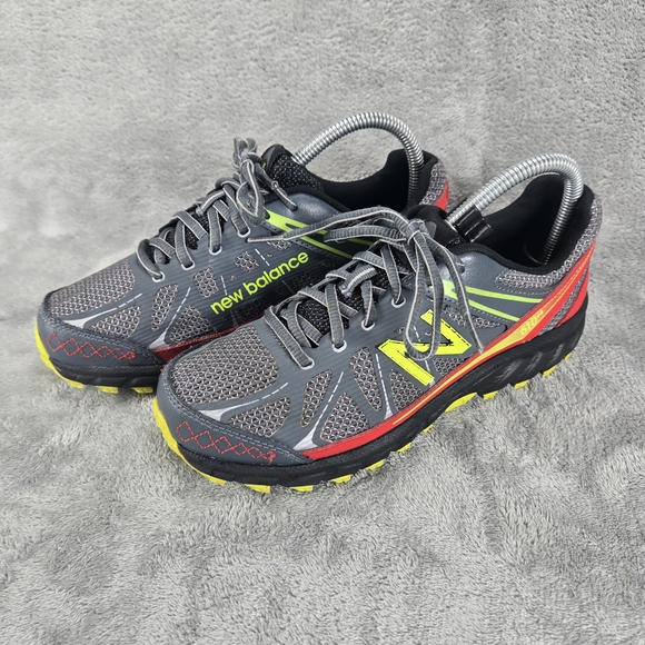 New Balance All Terrain Kids Sneakers in Gray, Red, and Neon Yellow - Picture 1 of 11